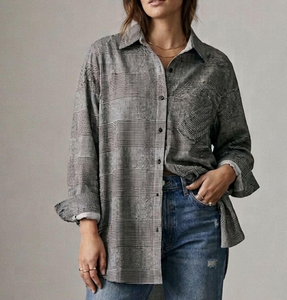 Lysse Button Up Shirt Womens Medium Black Plaid Long Sleeve Tunic Stretch Top